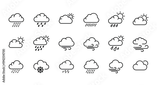 Detailed vector illustration featuring a comprehensive set of outlined weather condition and forecast icons.