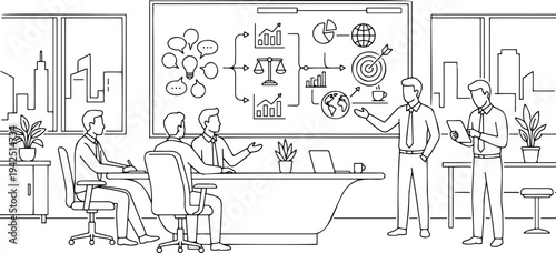 Business team meeting line art vector with strategy presentation on whiteboard