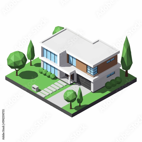 Modern two-story house with a well-manicured lawn and trees.