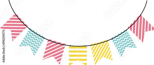 Colorful party bunting flags garland with striped and zigzag patterns, festive celebration banner vector illustration