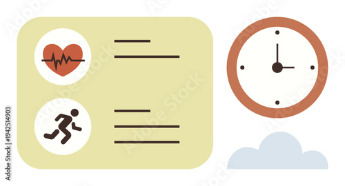 Healthcare, fitness progress, routine tracking, time management, wellness monitoring, and productivity. Heart icon, runner symbol clock and cloud. Healthcare and fitness progress concept