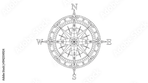 A detailed black compass illustration on a white background, featuring directional lines and geographic orientation markers, perfect for navigation and educational purposes.