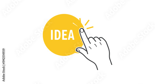 Vector graphic illustration of a human hand clicking a bright yellow idea button for innovation.