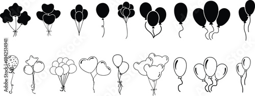 Balloon silhouettes vector set, black party balloons collection with heart and round shapes, birthday celebration decoration icons isolated on white background illustration
