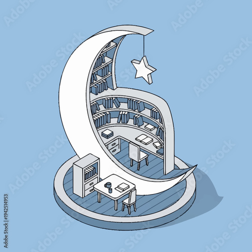 Isometric illustration of a crescent moon shaped office space with people working at desks under a hanging star.