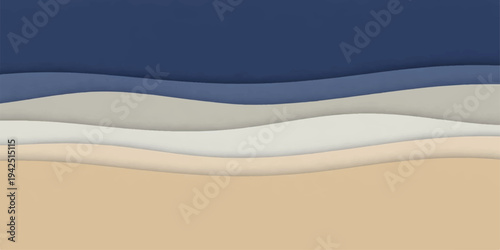 Artistic vector illustration of flowing blue waves on the beach sand featuring a curved line design and motion texture for a light water backdrop template