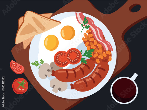 Classic English breakfast on a plate with fried eggs, grilled sausages, baked beans, bacon, cherry tomatoes, mushrooms, toast, and parsley. Top view of a dish on a wooden cutting board with a cup 