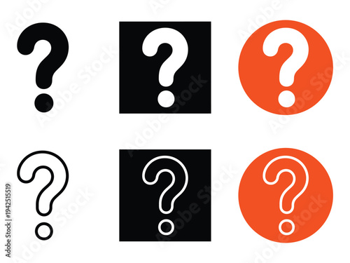 Set of six different question mark icons in black and orange on white background