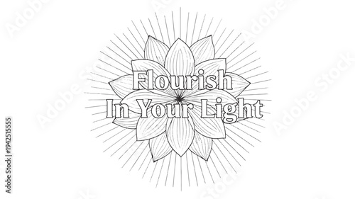 A beautiful black and white illustration of a flower with the motivational quote 'Flourish In Your Light', perfect for adult coloring books, mindfulness, and relaxation.