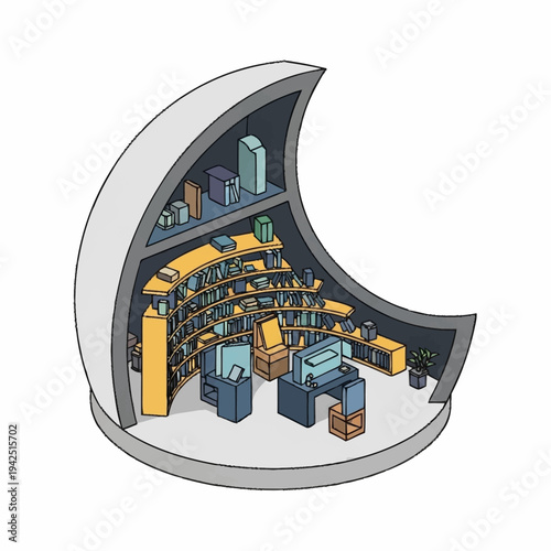 Isometric illustration of a factory cutaway showing machinery and production lines.