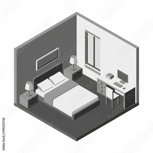 Isometric illustration of a modern minimalist bedroom with home office.