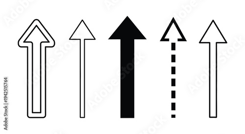Collection of five different black and white vector arrow icons pointing clearly upwards