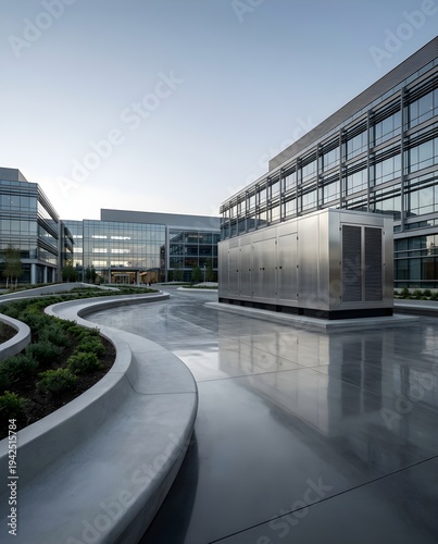 High End Manufacturing Campus Commercial Backup Generator with Sculpted Roadway Dramatic Perspective and Brushed Metal