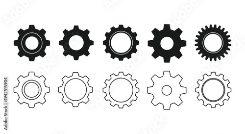 Collection of diverse mechanical gear icons showing solid fill and outline vector designs