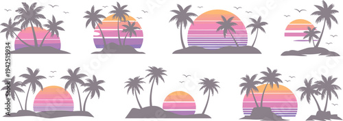 Flat vector hand drawn tropical palm island sunset illustrations for summer design