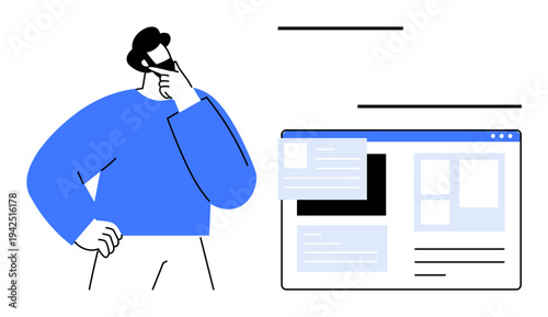 Web development, creativity, user experience, digital design, decision-making, online research. Person thinking beside web interface layout. Web development and creativity concepts