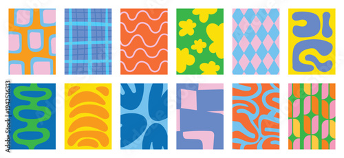 Colorful abstract geometric pattern vector set with green pink blue orange and cream shapes. Modern playful retro design for wallpaper, textile, packaging, poster and background.