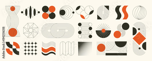 Mid century abstract vector element set. Retro aesthetic contemporary stripe line art, geometric shape in monochrome. Art form design for wall art, decoration and wallpaper.	