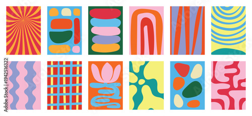 Colorful abstract geometric pattern vector set with green pink blue orange and cream shapes. Modern playful retro design for wallpaper, textile, packaging, poster and background.