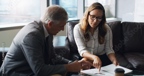 Fotografie Attorney, paralegal and meeting in office with document, manager advice and feedback for evidence file