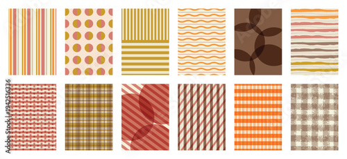 Retro geometric abstract pattern vector set with orange, teal, purple and cream shapes. Vibrant mid century design for wallpaper, textile, packaging, poster and background.
