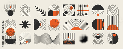 Mid century abstract vector element set. Retro aesthetic contemporary stripe line art, geometric shape in monochrome. Art form design for wall art, decoration and wallpaper.	