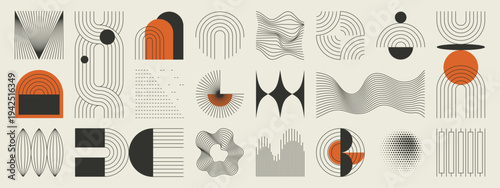 Mid century abstract vector element set. Retro aesthetic contemporary stripe line art, geometric shape in monochrome. Art form design for wall art, decoration and wallpaper.	