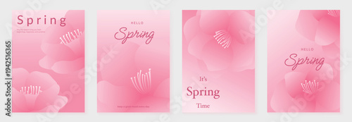 Spring flower gradient poster vector set with pink floral blossom and soft pastel background. Elegant seasonal design for greeting card, invitation, social media, wall art and branding.