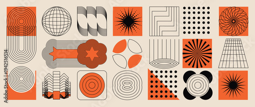 Mid century abstract vector element set. Retro aesthetic contemporary stripe line art, geometric shape in monochrome. Art form design for wall art, decoration and wallpaper.	