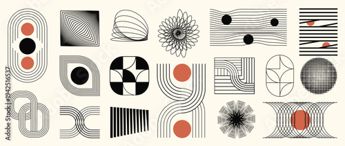 Mid century abstract vector element set. Retro aesthetic contemporary stripe line art, geometric shape in monochrome. Art form design for wall art, decoration and wallpaper.	