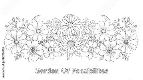 A serene adult coloring page featuring a beautiful floral design with the phrase 'Garden Of Possibilities', perfect for relaxation and creativity, with black and white flowers on a clean background.
