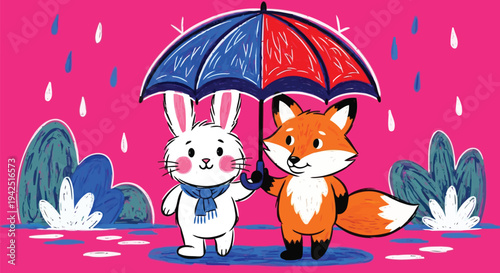 Hand drawn bunny and fox holding parasol in wet climate
