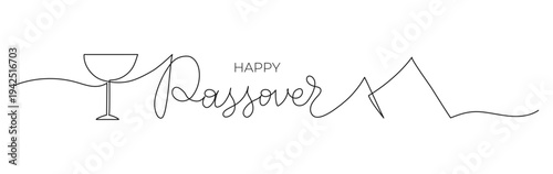 Happy Passover one line art text banner. Handwritten calligraphy greeting with editable stroke. Celebrated on the first Sunday after the full moon. Vector holiday illustration.