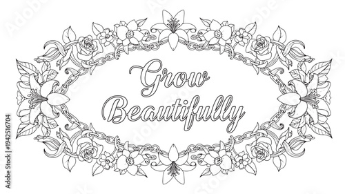 Black and white illustration of a floral wreath with the inspirational phrase Grow Beautifully, ideal for adult coloring books, relaxation, and creativity.