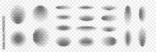 Pixel bitmap element set. Dotted textured round shadows. Faded oval background collection. Gradient halftone circle shape pack for frame, poster, collage, banner. Vector comic border bundle.