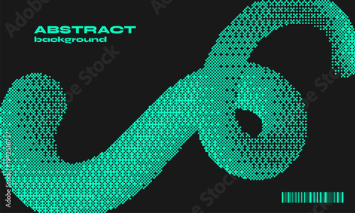 Squiggly pixel line on retro green banner template. Gradient bitmap shape. Vector graphic with wavy pixelated line. Fluid wave pattern with dither effect. Textured illustration for web business poster