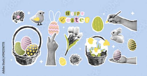 Happy Easter collage elements. Halftone holiday decoration set. Cut out paper spring flowers, eggs, chick, bunny, hands, daffodils. Retro vector illustration. Painting eggs, basket for trendy poster.