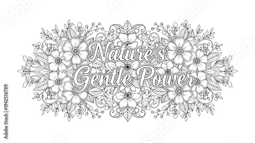 A serene adult coloring page featuring a beautiful floral design with the phrase Nature's Gentle Power, perfect for relaxation and creativity.