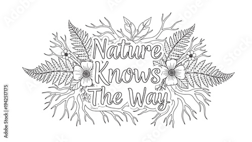 A black and white adult coloring page featuring a floral design with the inspirational quote 'Nature Knows The Way'.