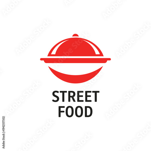 Restaurant cloche logo for street food service with red dish cover icon and elegant typography design