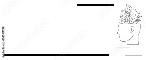 Outline of a head filled with flowers symbolizing mental growth, creativity, and positivity. Ideal for self-care, mindfulness, mental health, inspiration, relaxation, life balance personal