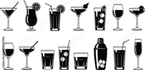 Cocktail drink icons set, bar beverage glassware silhouettes, martini margarita wine champagne glasses and shaker vector collection