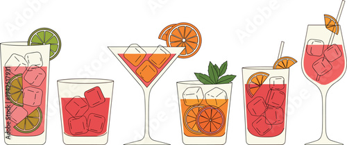 Colorful cocktail drinks illustration set, citrus garnish beverages with ice cubes, tropical bar drink glass collection