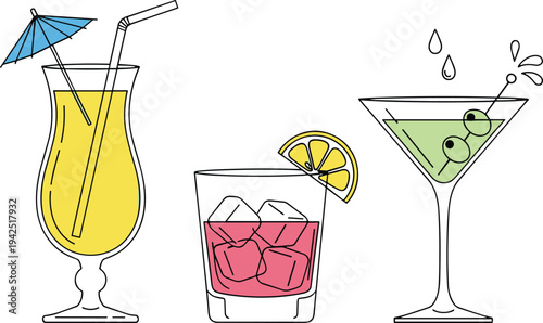 Cocktail drinks illustration set, tropical juice whiskey martini beverages, citrus garnish alcohol drinks, colorful bar cocktail glass collection