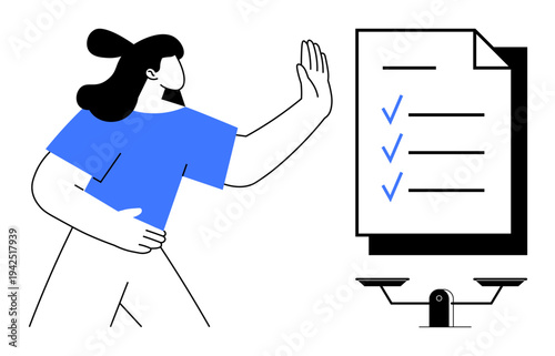 Decision-making, prioritization, task management, evaluation, balance, accountability. Woman stopping a checklist with a scale beneath. Decision-making and prioritization concepts in focus