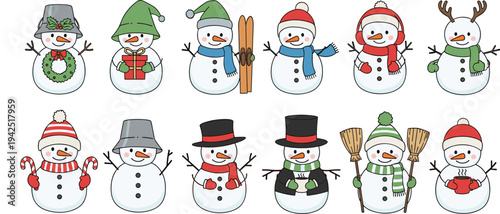 Cute Christmas snowman characters collection with winter hats scarves and holiday accessories vector illustration set