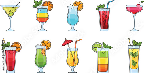 Colorful cocktail drinks set illustration, tropical citrus beverages collection, martini mojito juice bar drinks vector glassware