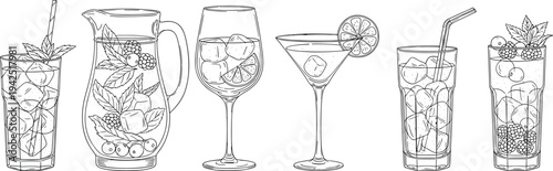 Fresh fruit cocktail drinks illustration, berry citrus beverages collection, martini wine glass pitcher iced drink line art set