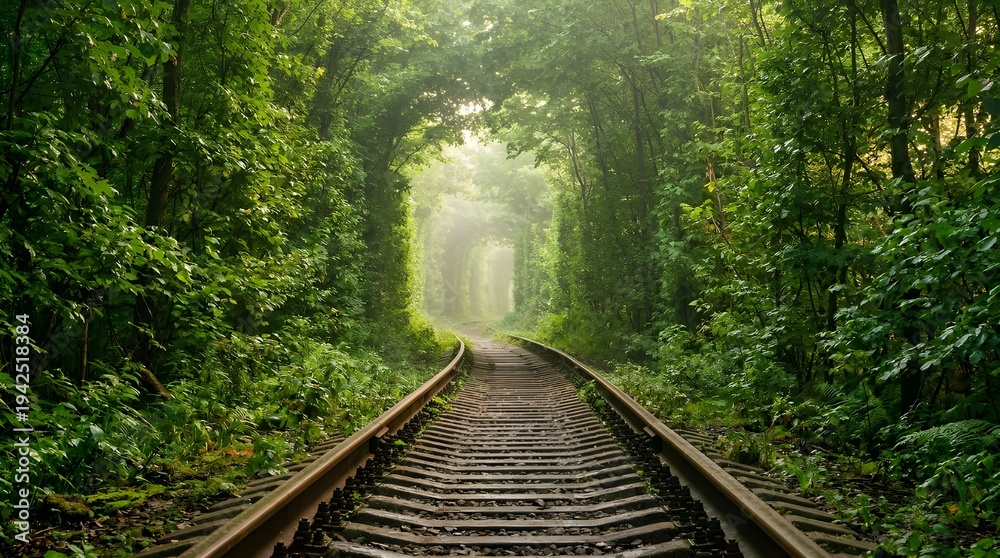 Obraz premium Romantic Green Tree Tunnel Railway Tracks Tunnel of Love Klevan Ukraine Misty Morning Photo