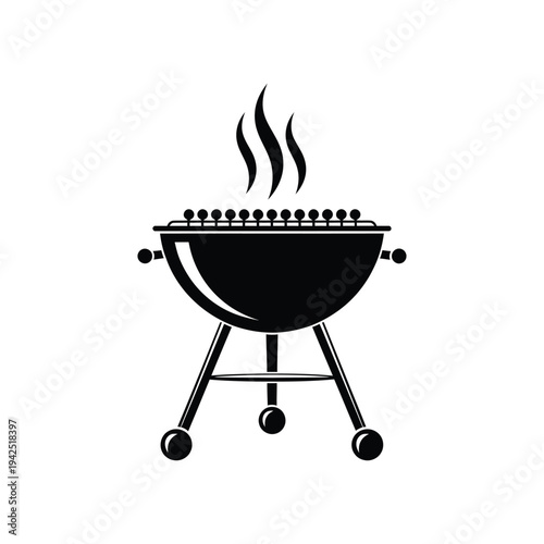 A black barbecue grill with smoke rising from the grill, standing on three legs, depicted in a simple illustration style